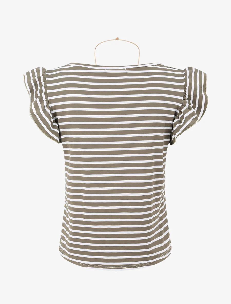 Gestreepte top met vliegende mouwen - Khaki - Image 2