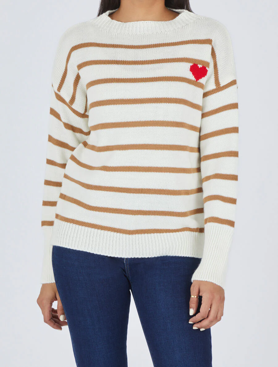 Gestreepte trui met hartje - Camel - Image 4