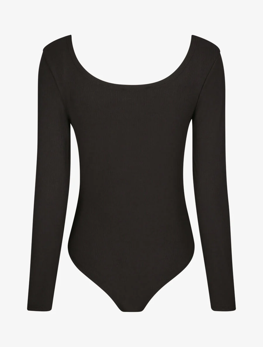 Getailleerd en geribbeld body met lange mouwen - Zwart - Image 2
