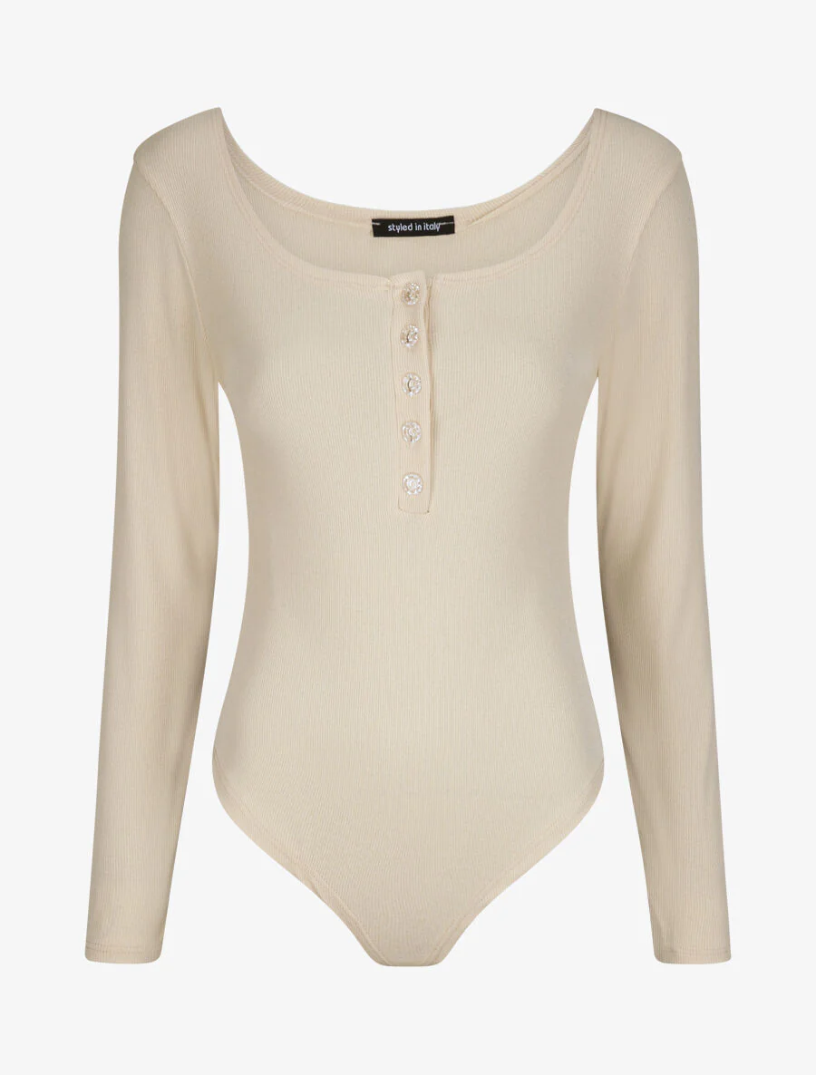 Getailleerd en geribbeld body met lange mouwen - Beige