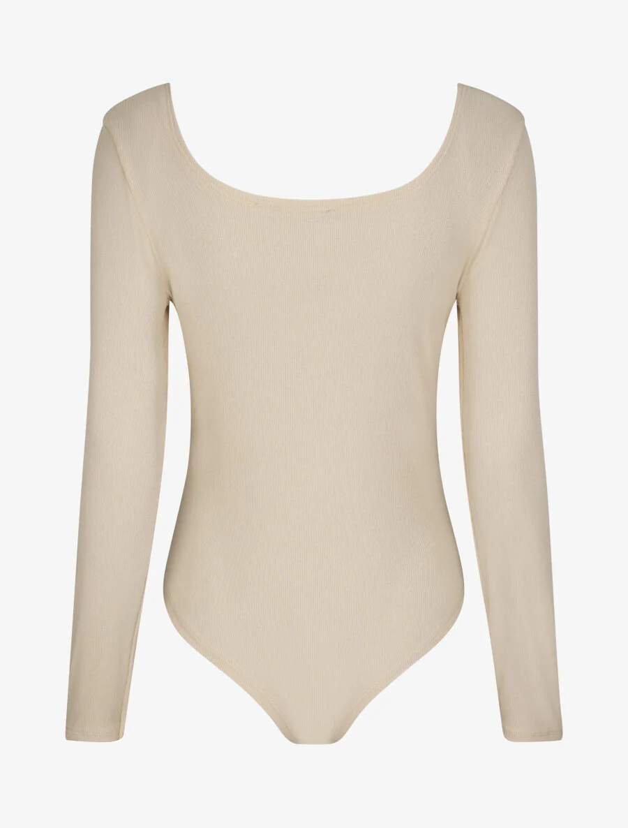 Getailleerd en geribbeld body met lange mouwen - Beige - Image 2