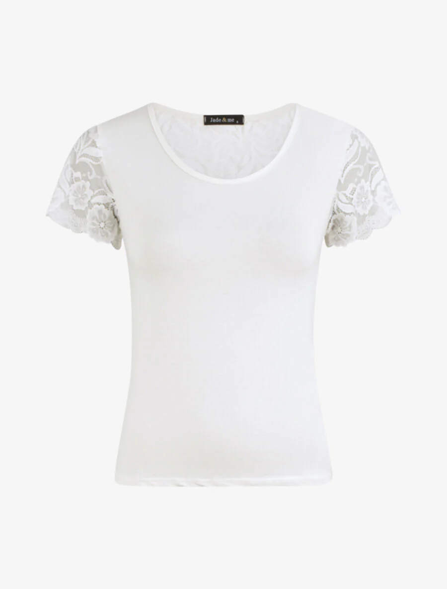 Getailleerd T-shirt met kanten schouders - Wit