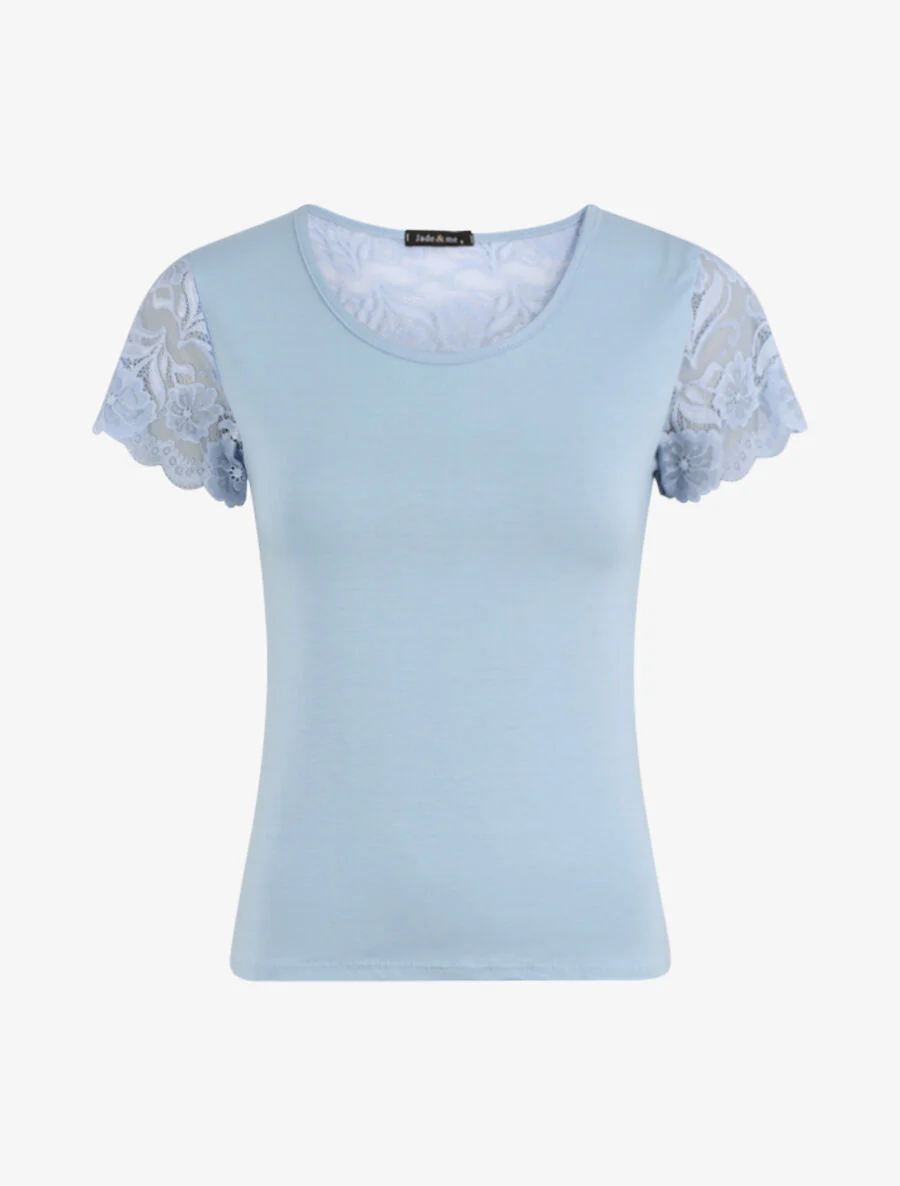 Getailleerd T-shirt met kanten schouders - Lichtblauw
