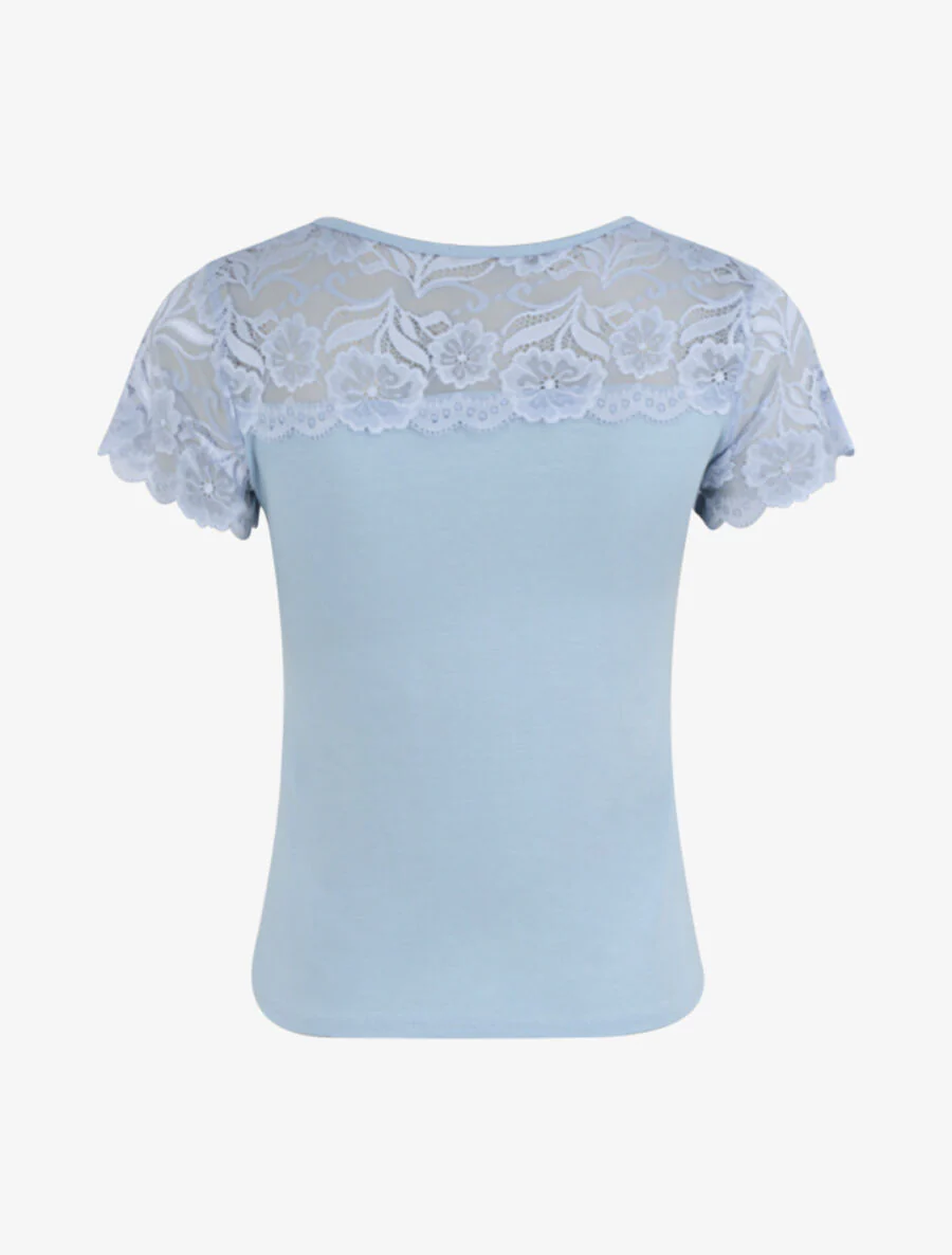 Getailleerd T-shirt met kanten schouders - Lichtblauw - Image 2
