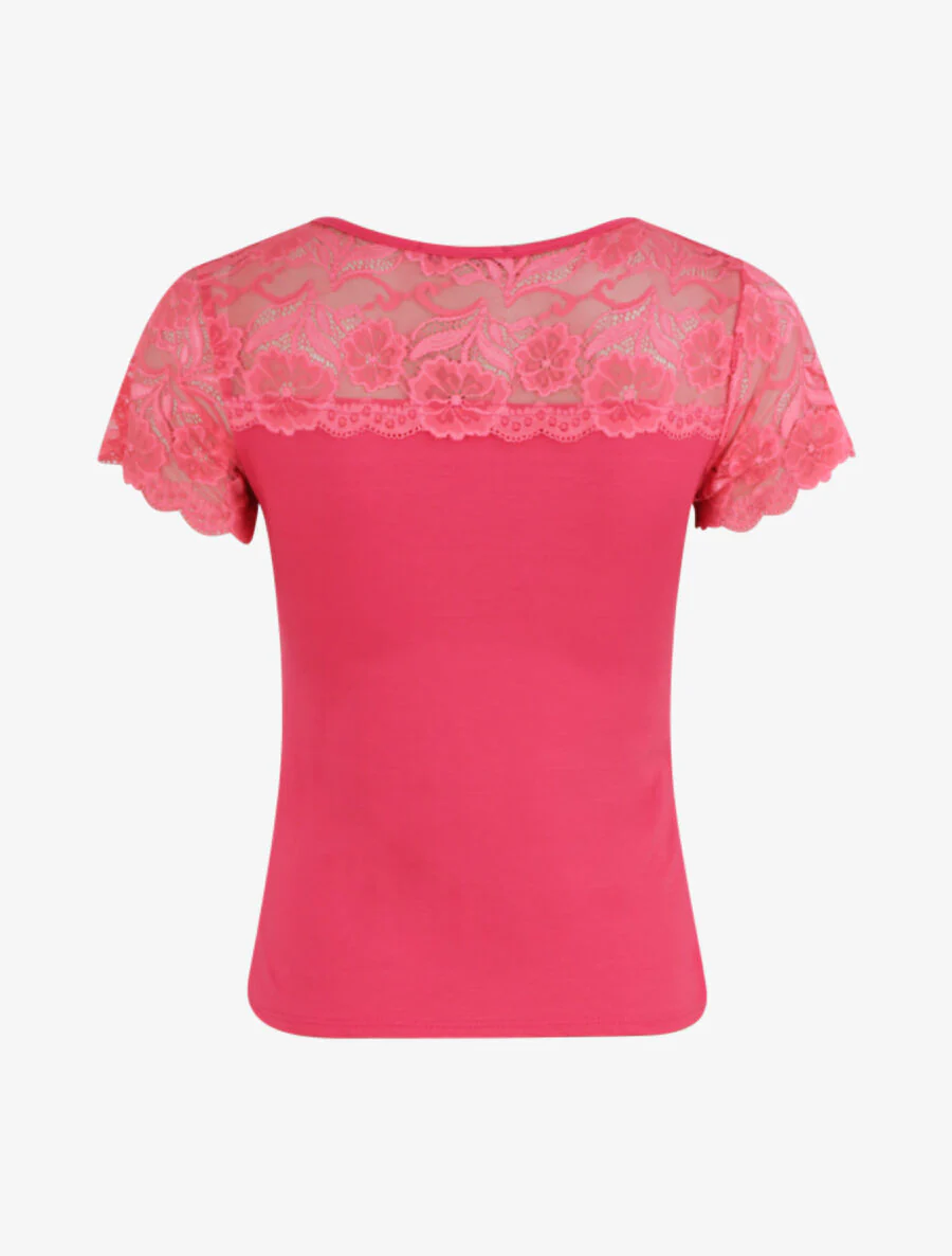 Getailleerd T-shirt met kanten schouders - Fuchsia - Image 2