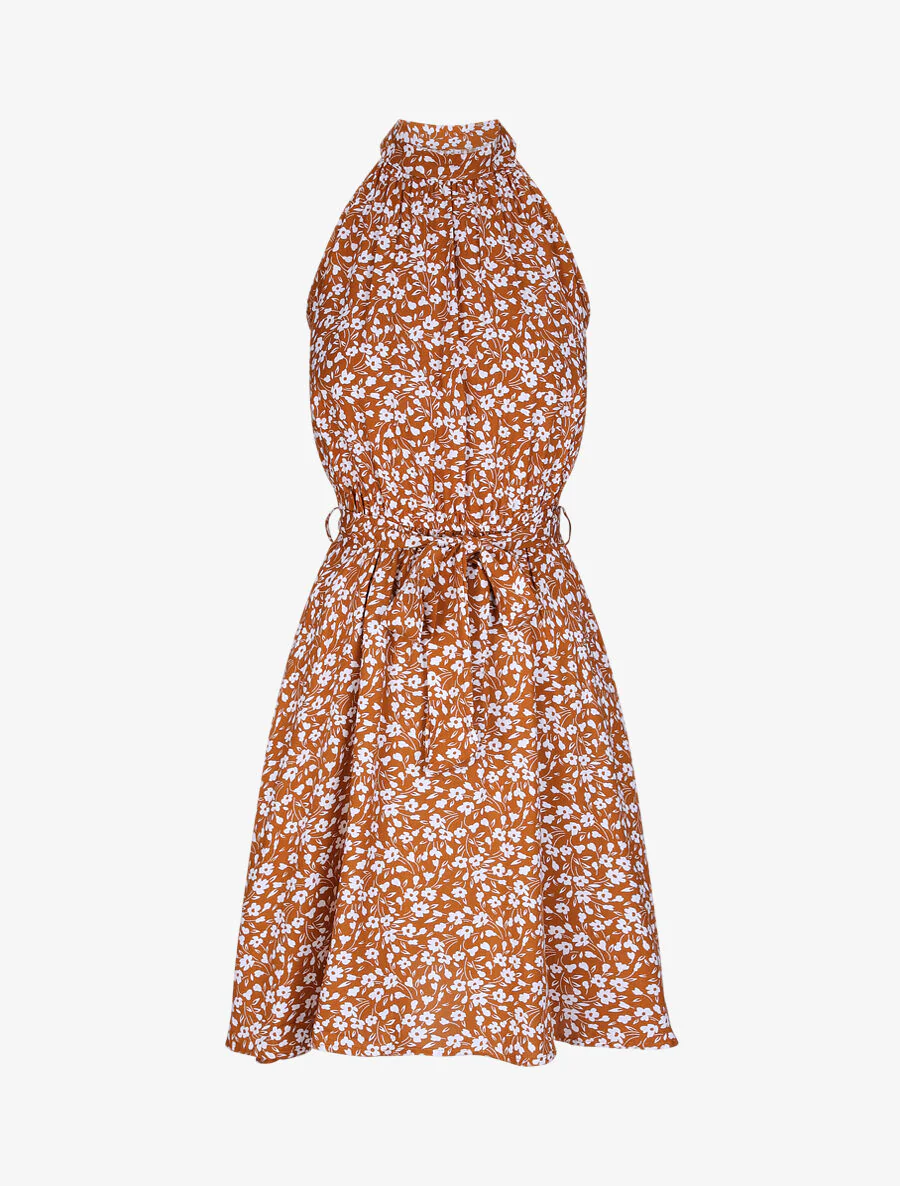 Getailleerde bloemenprint jurk met Amerikaanse kraag - Camel