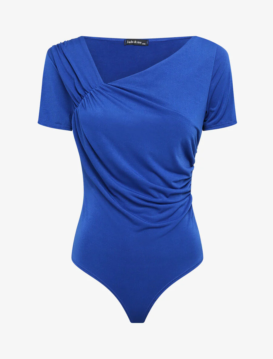 Getailleerde eenkleurige body met asymmetrische kraag - Elektrisch blauw