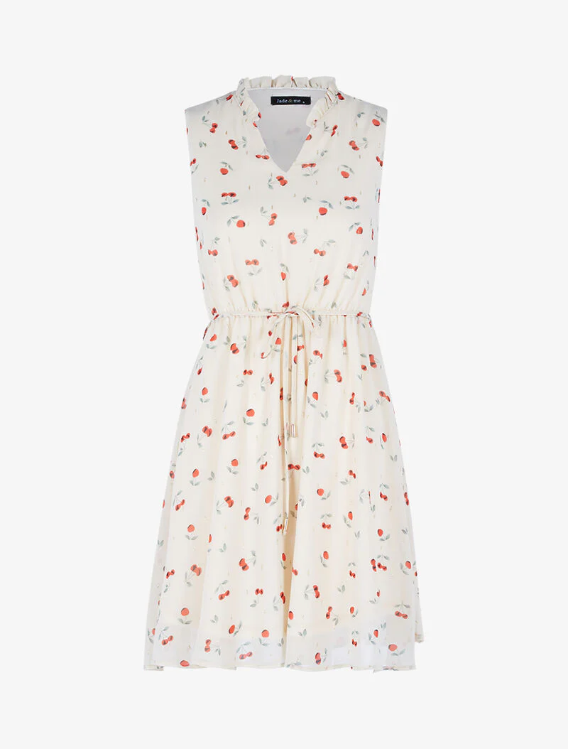 Getailleerde jurk in voile met kersenprint - beige