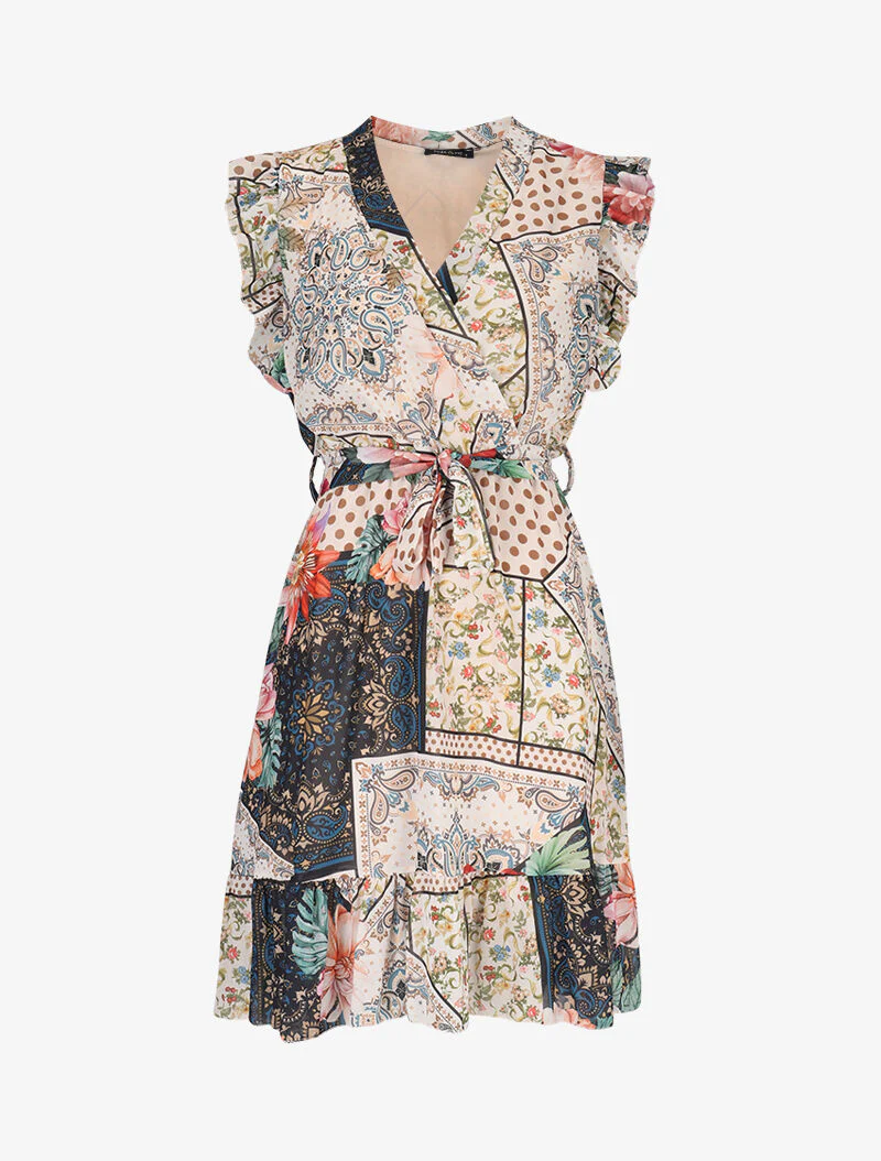 Gevlinderde jurk met prints - blauw
