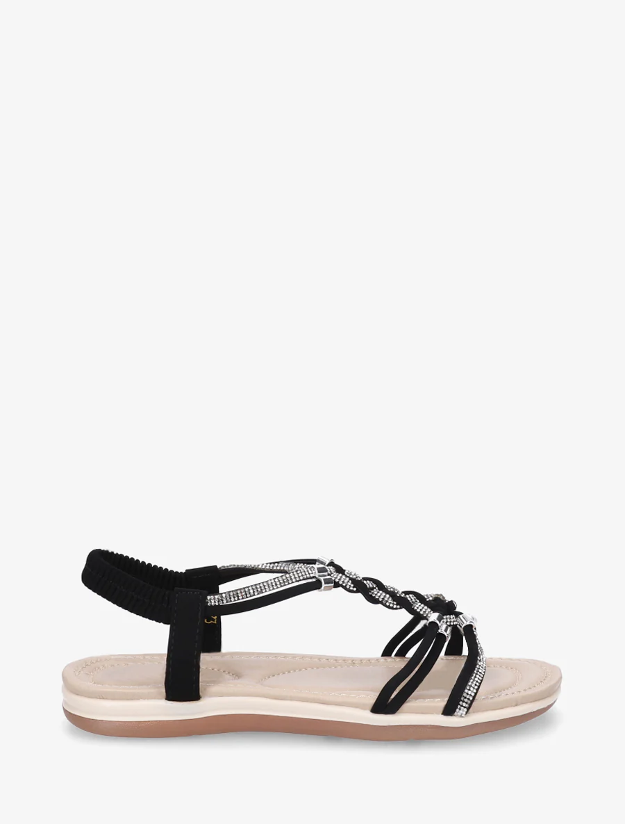 Gevlochten en met stras versierde sandalen. - Zwart