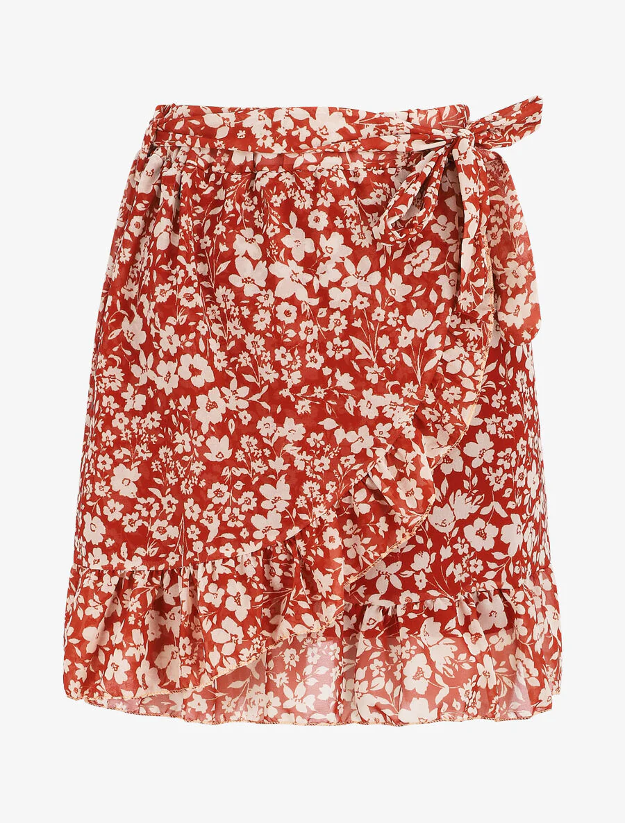 Gevlochten minirok met bloemenprint - Roest
