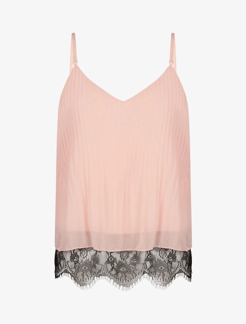 Gewafelde tanktop met vierkante snit en kanten detail - roze