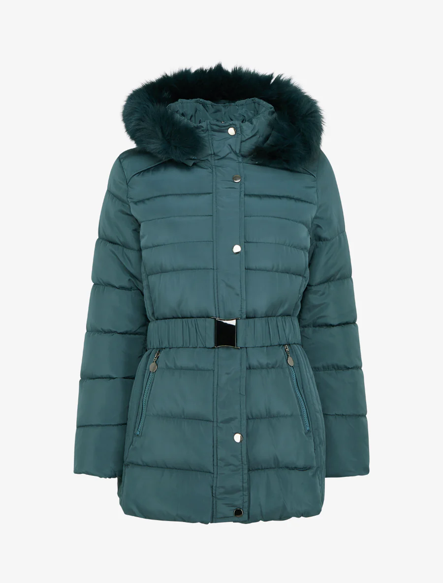 Gewatteerde jas met ceintuur en capuchon van imitatiebont. - Eendenblauw