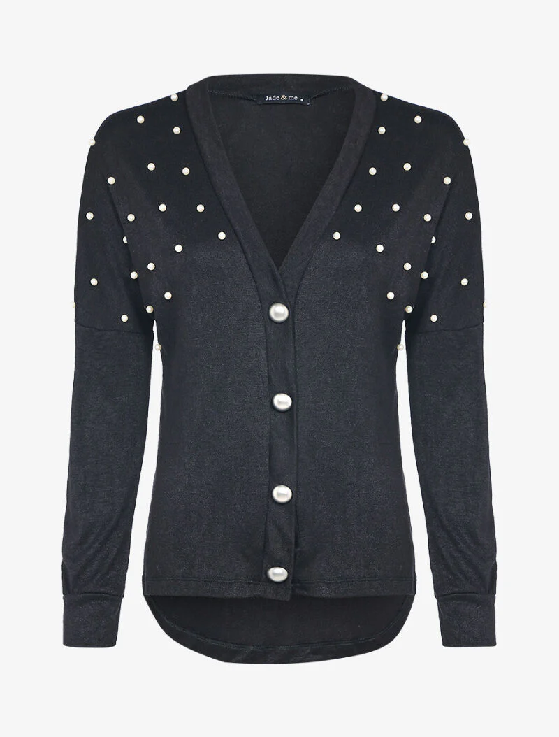 V-hals vest met parelmoeren kralen - Zwart - Image 2