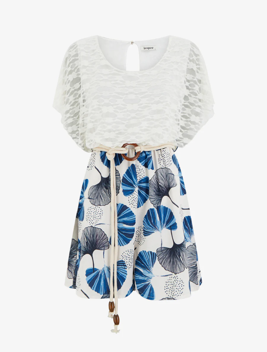 Ginkgo-print jumpsuit met kanten buste - Marine