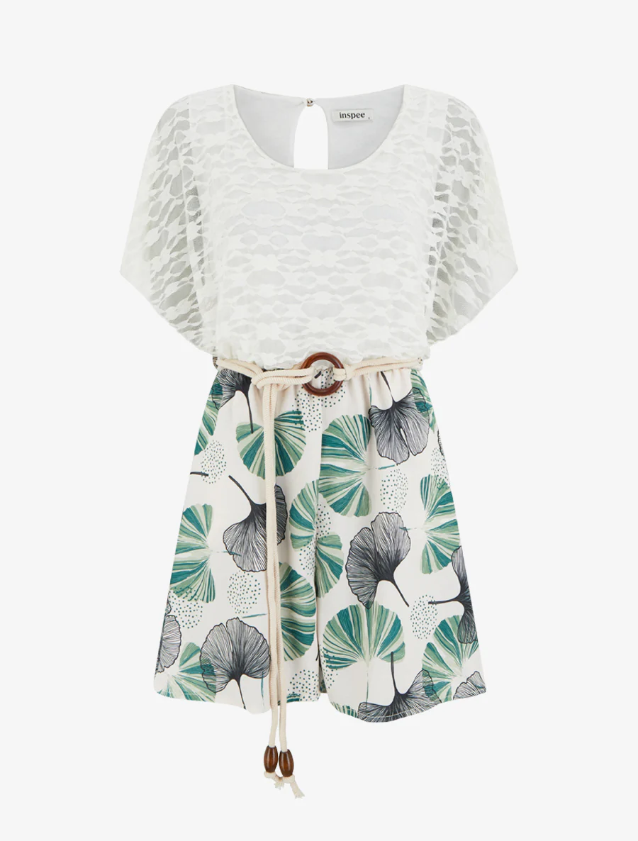 Ginkgo-print jumpsuit met kanten buste - Groen
