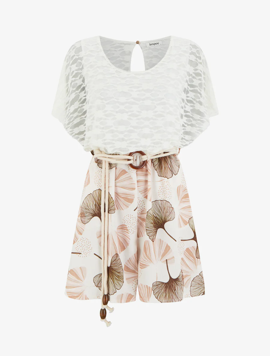 Ginkgo-print jumpsuit met kanten buste - Kameel