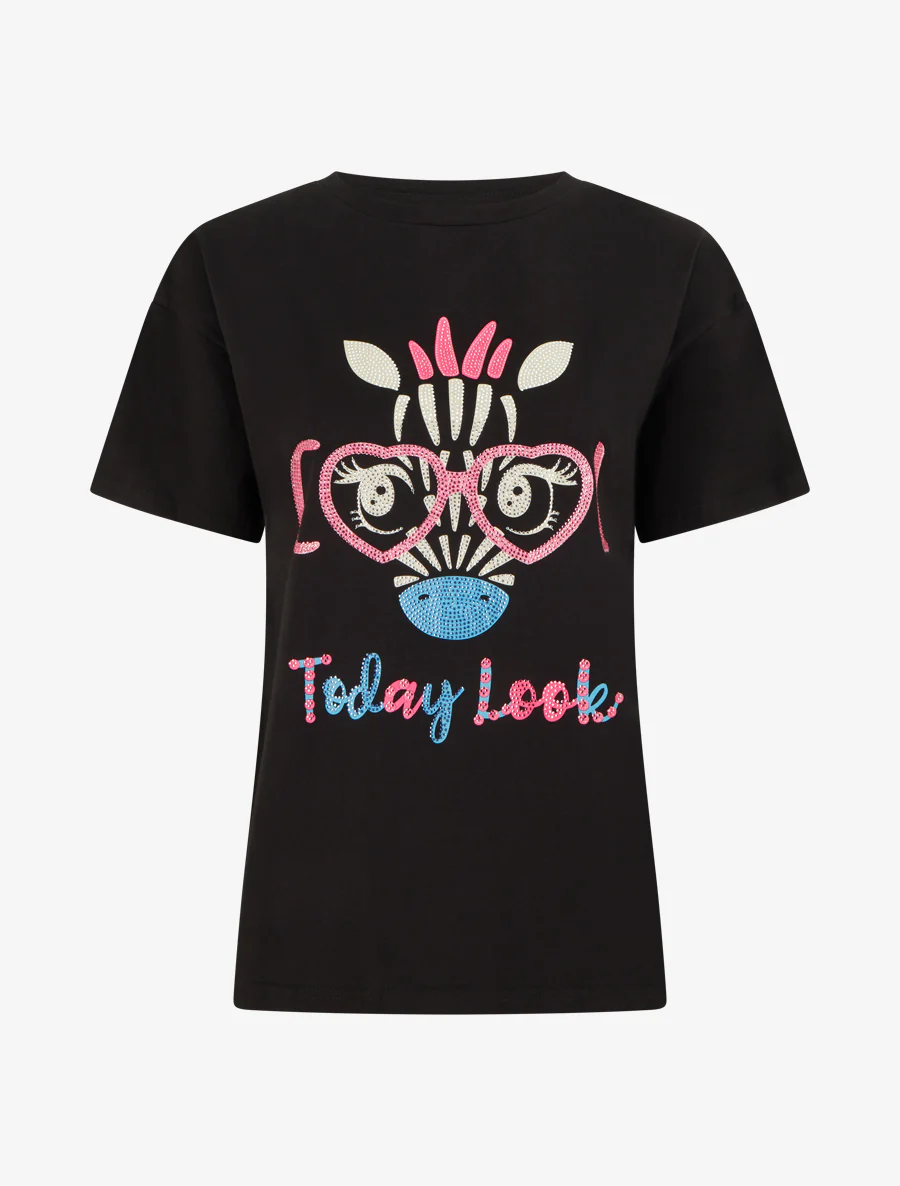 Giraffenprint T-shirt met strass. - Zwart