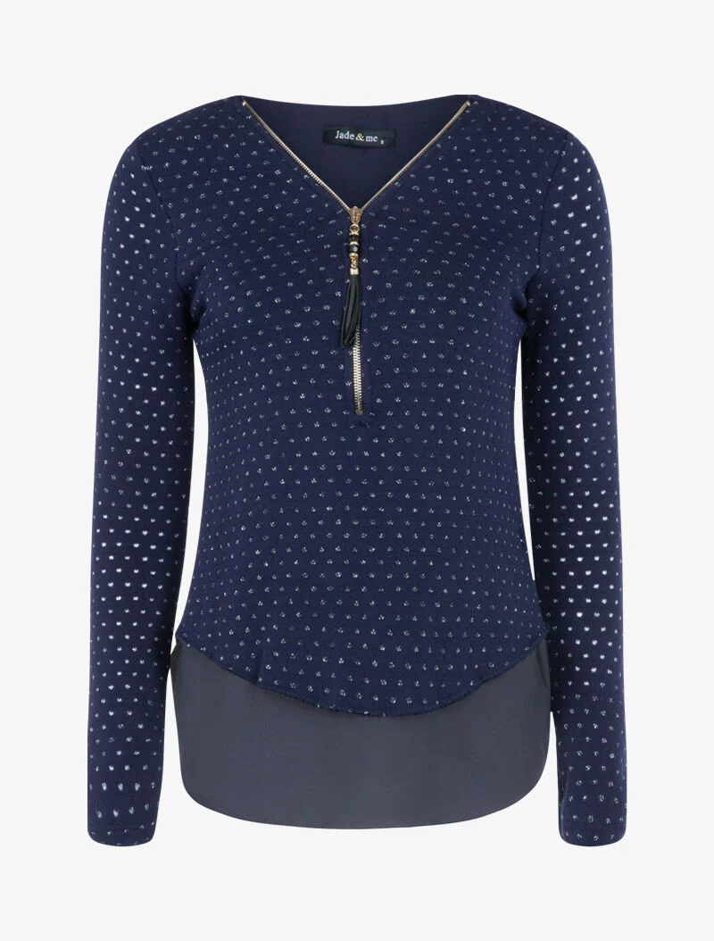 Gebreide top met glanzende gespikkelde print - marineblauw