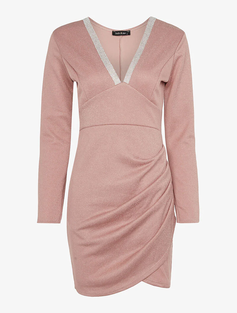Glanzende jurk met strass halslijn - roze - Image 4