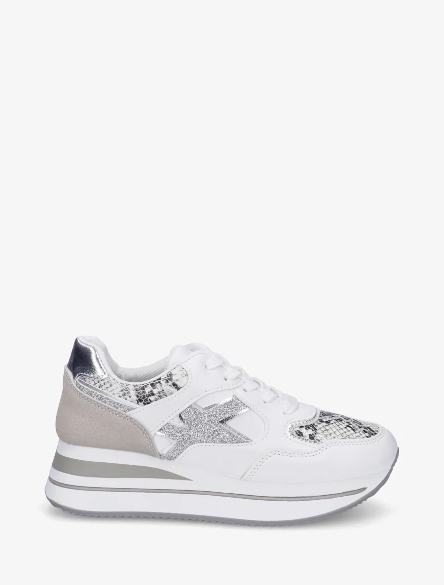 Glitter sneakers en slangenprint-effect - Wit