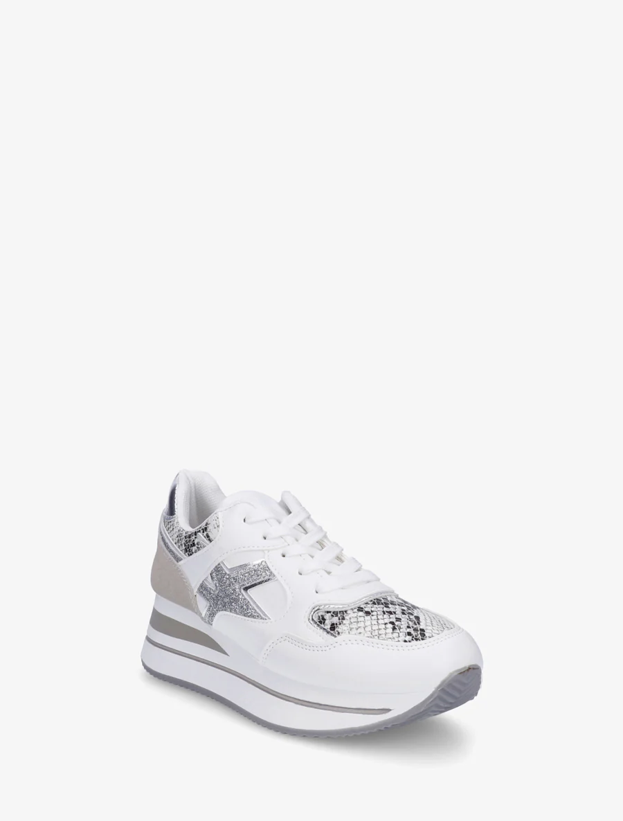 Glitter sneakers en slangenprint-effect - Wit - Image 2