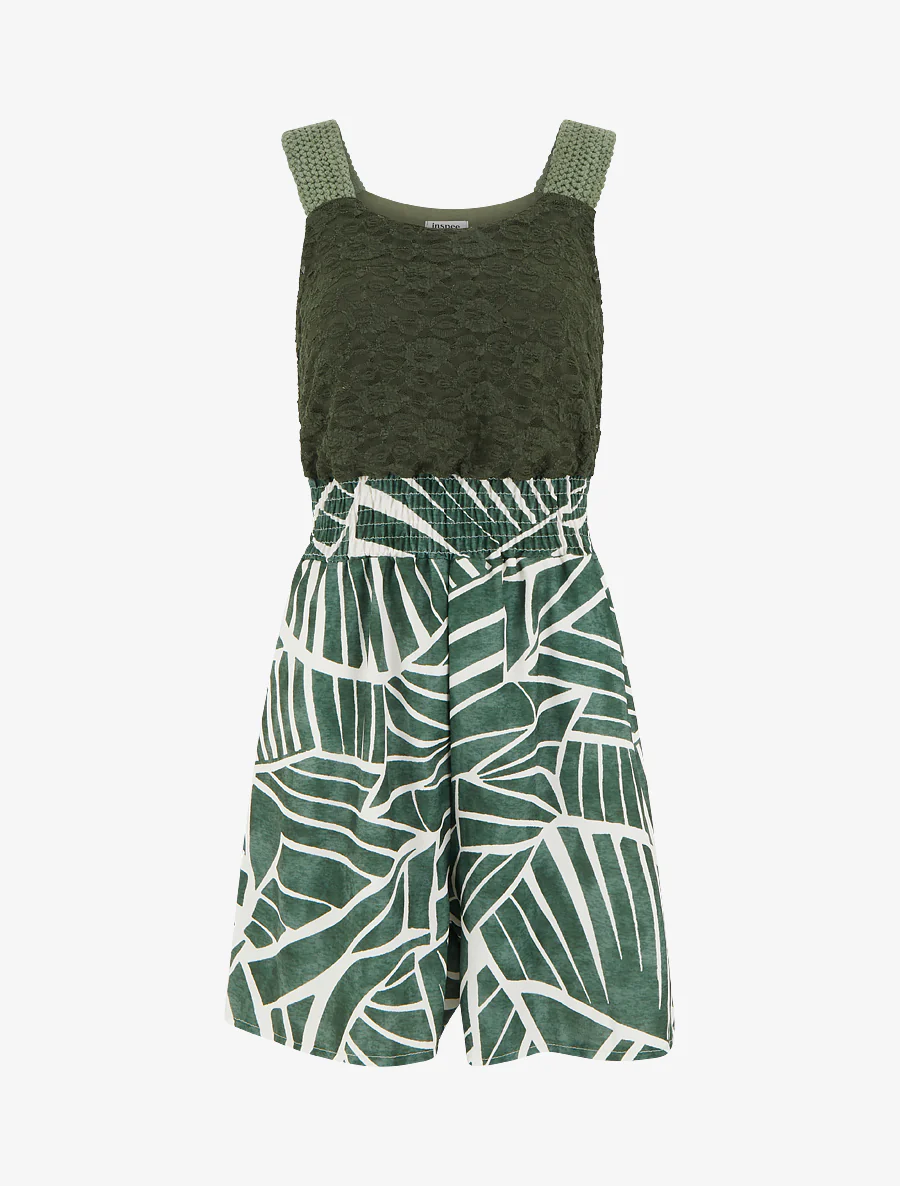 Grafisch bedrukte jumpsuit met kanten bustier - Kaki