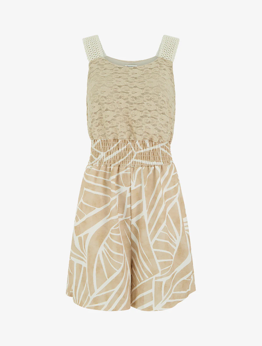 Grafisch bedrukte jumpsuit met kanten bustier - Beige