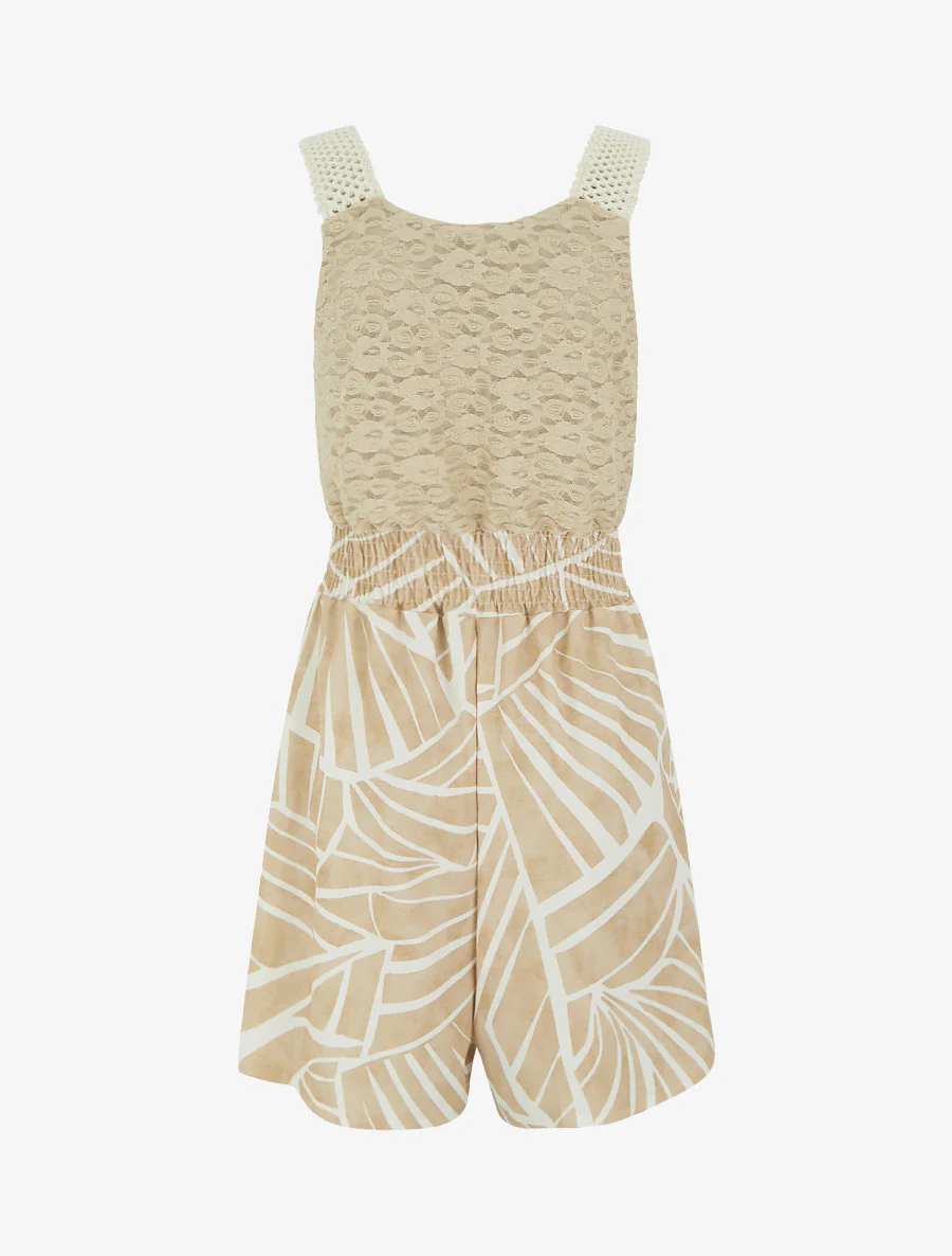 Grafisch bedrukte jumpsuit met kanten bustier - Beige - Image 2