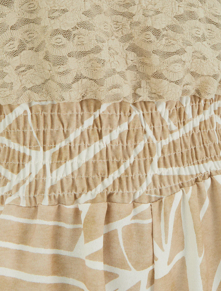 Grafisch bedrukte jumpsuit met kanten bustier - Beige - Image 3