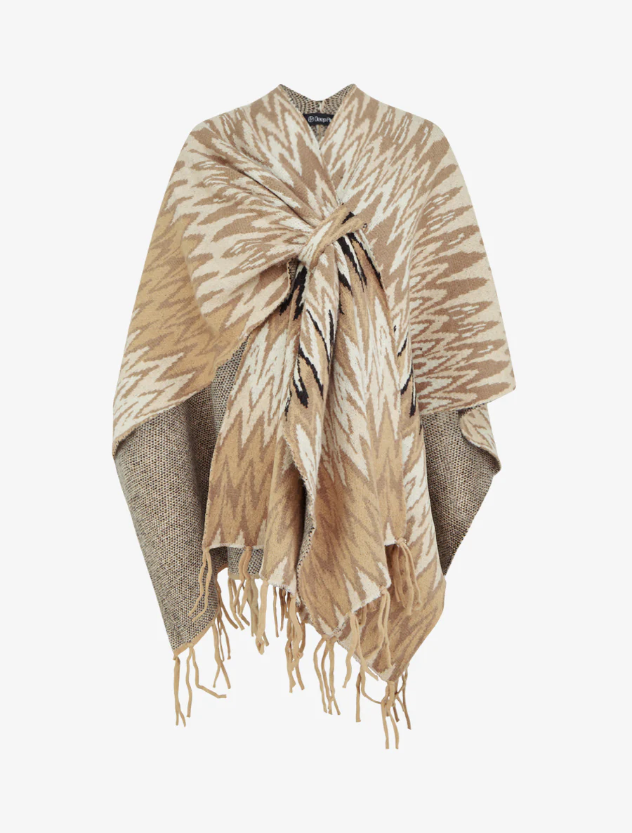 Grafisch bedrukte poncho met franjes - Kameel