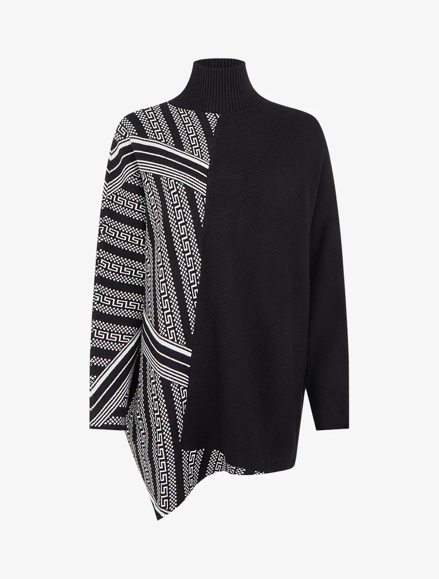 Grafisch bedrukte poncho met opstaande kraag. - Zwart