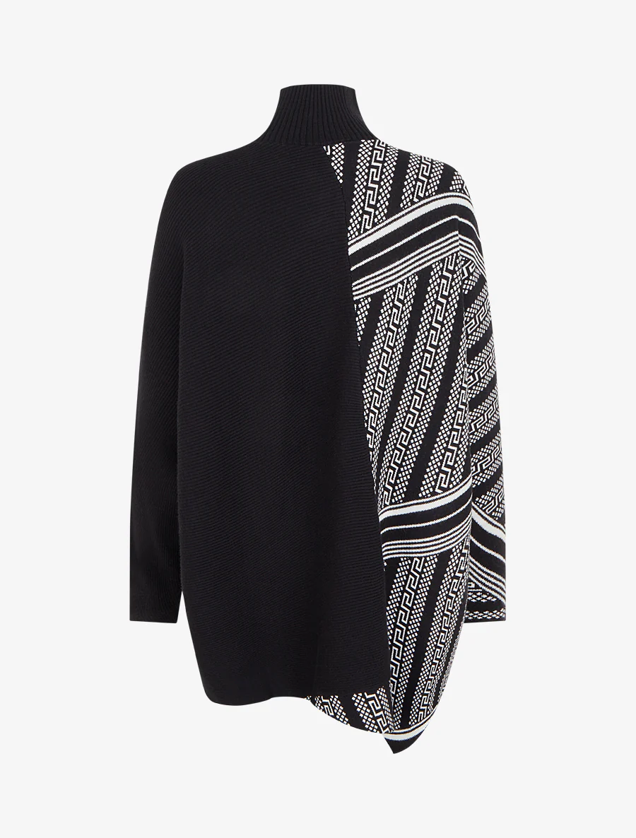 Grafisch bedrukte poncho met opstaande kraag. - Zwart - Image 2