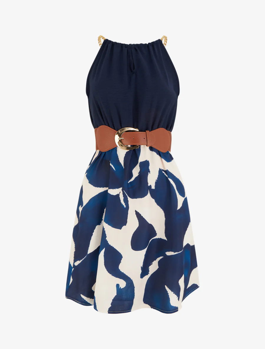 Grafische print jurk met kettingbandjes - Marine