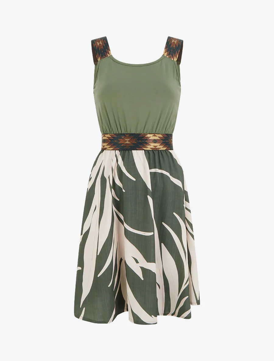 Grafische printjurk met fantasie-elastische taille. - Kaki