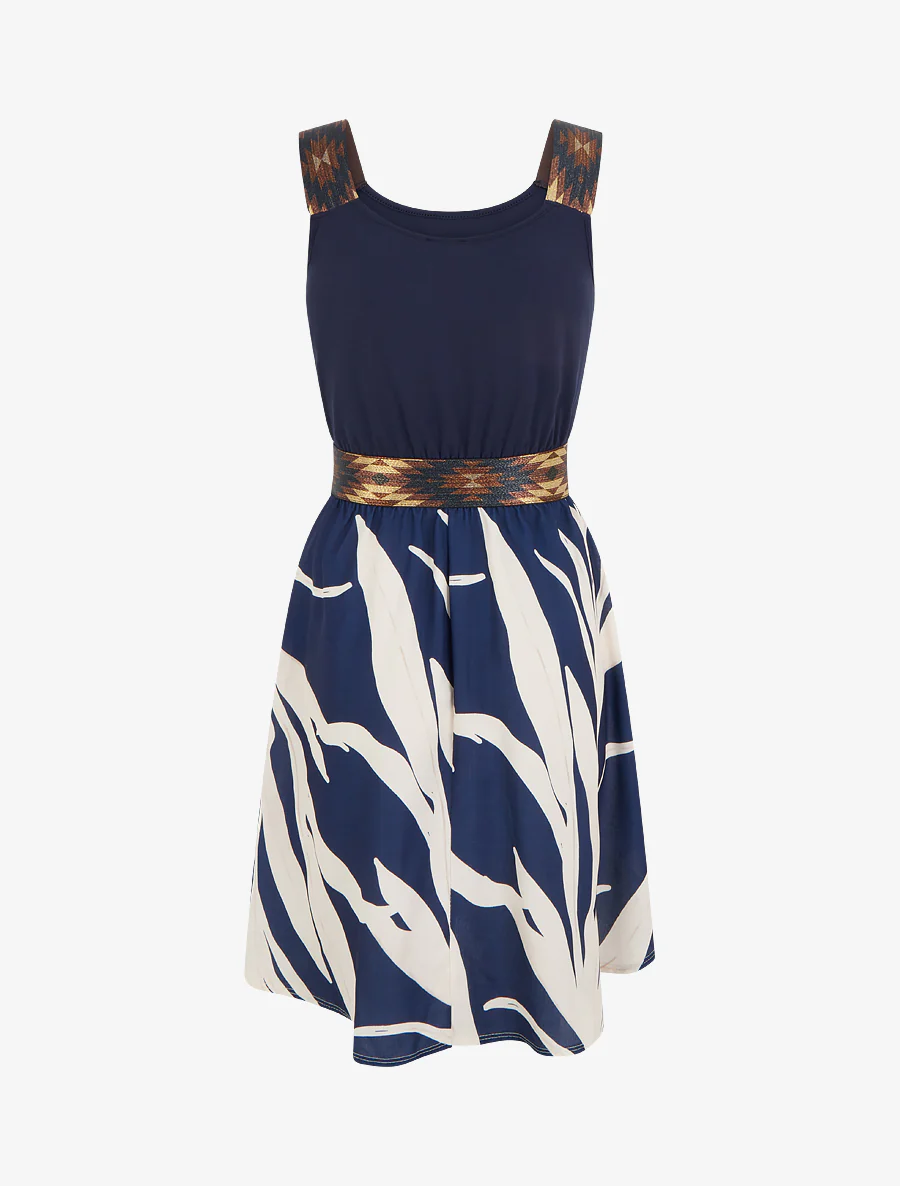Grafische printjurk met fantasie-elastische taille. - Marine - Image 2