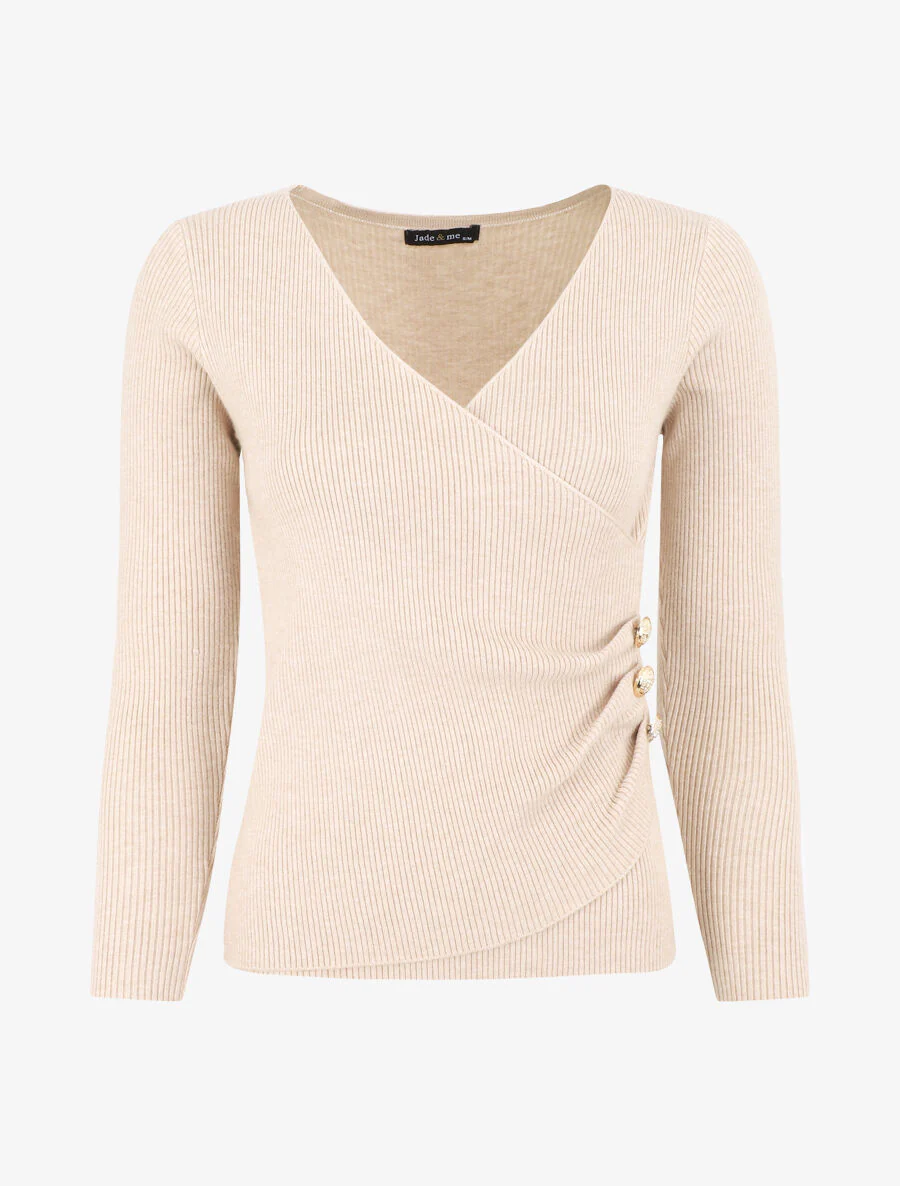 Gribde trui met omslagkraag en knopen - Beige