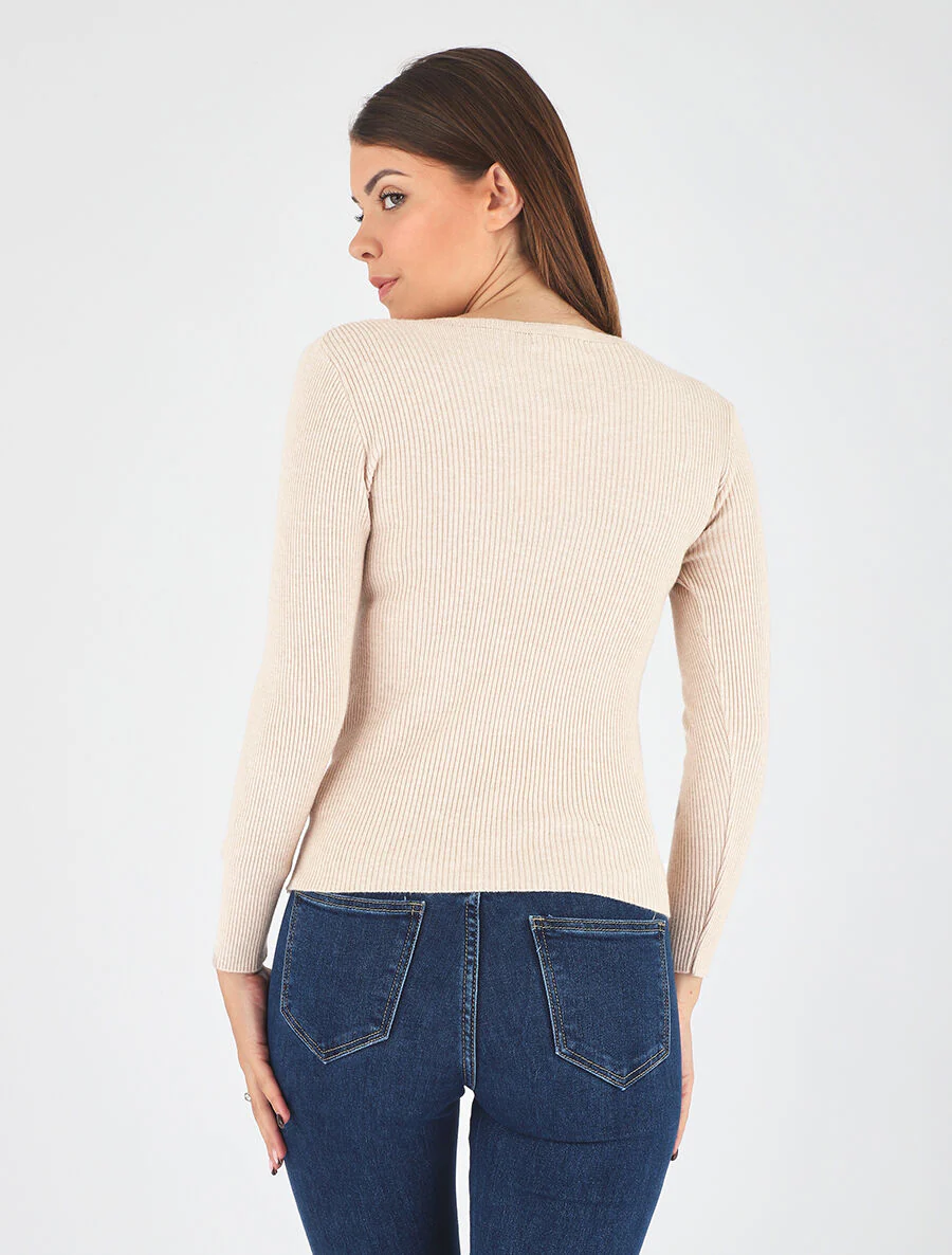 Gribde trui met omslagkraag en knopen - Beige - Image 5