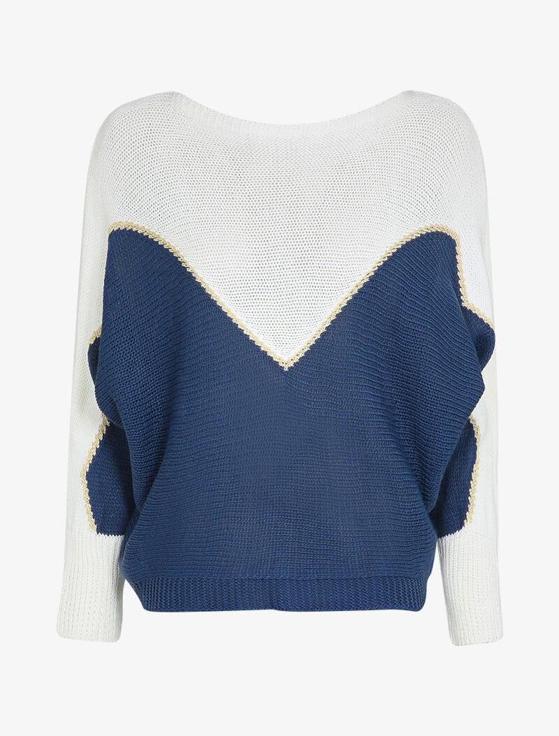 Grofgebreide trui met iriserend V-motief - Marineblauw