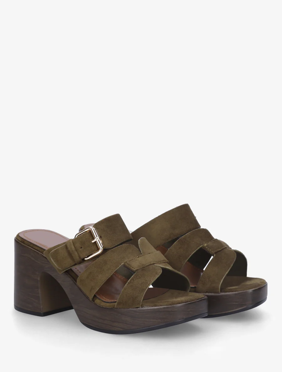 Hakkenmuiltjes met houtlook en gesp - Donker kaki - Image 4