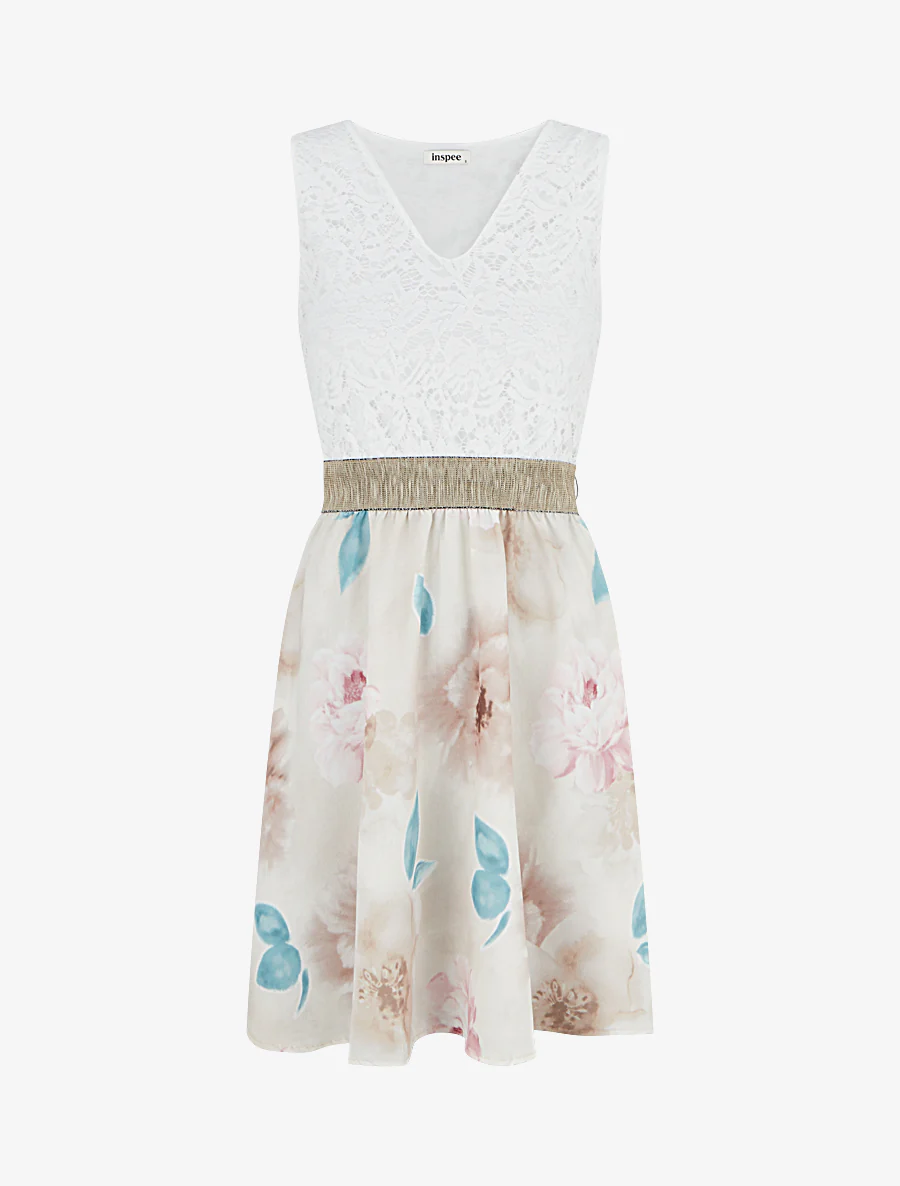 Half lange jurk met kant en aquarelprint - Beige