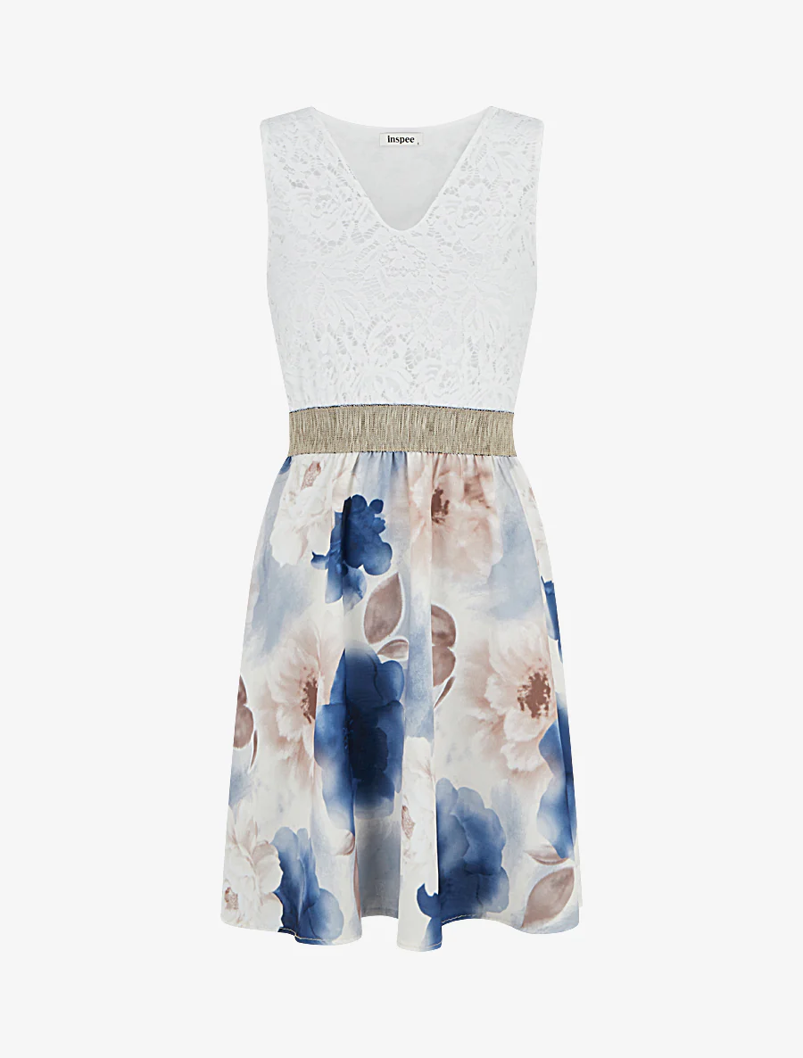 Half lange jurk met kant en aquarelprint - Marine