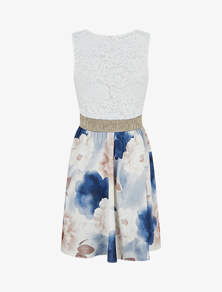 Half lange jurk met kant en aquarelprint - Marine - Image 2