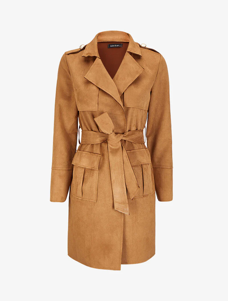 Halflange trenchcoat in suèdine met klepzakken - Camel