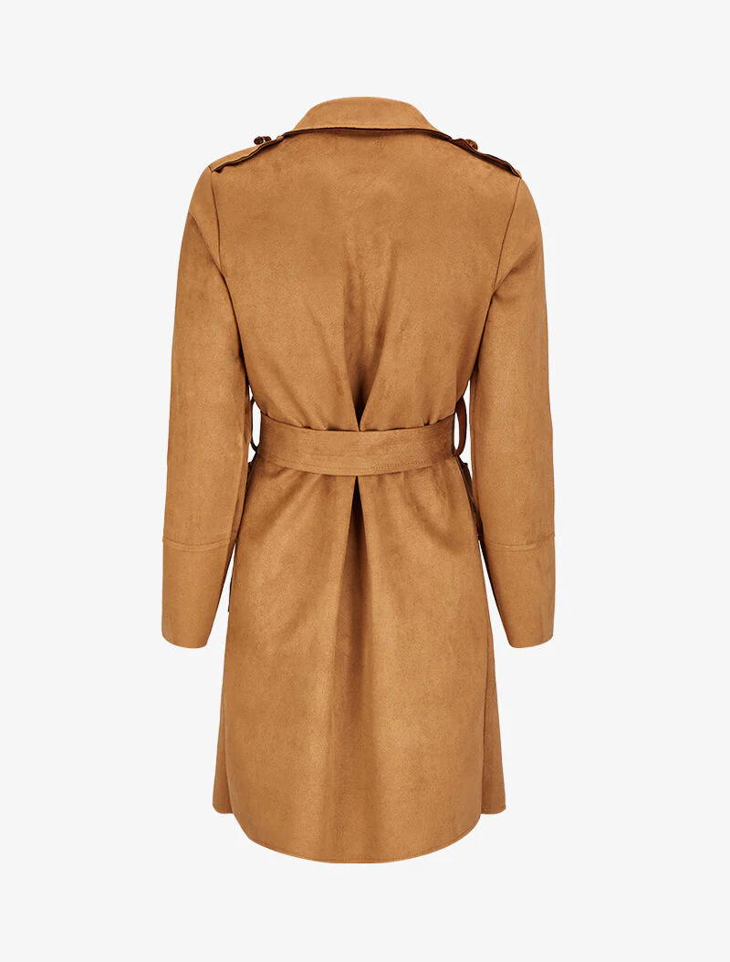 Halflange trenchcoat in suèdine met klepzakken - Camel - Image 2