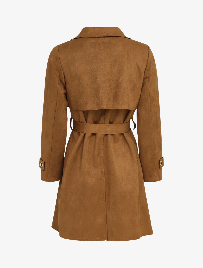 Halflange trenchcoat in suèdine met mouwen met riemdetails - Camel - Image 2