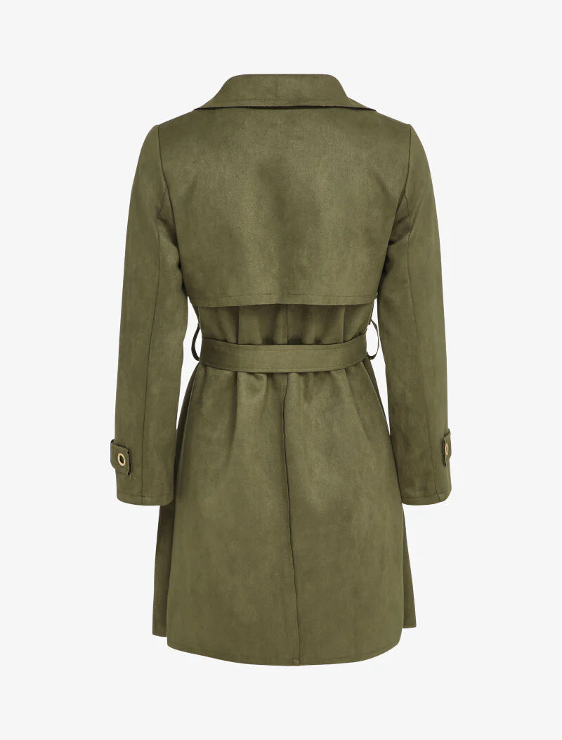 Halflange trenchcoat in suèdine met mouwen met riemdetails - Kaki - Image 2