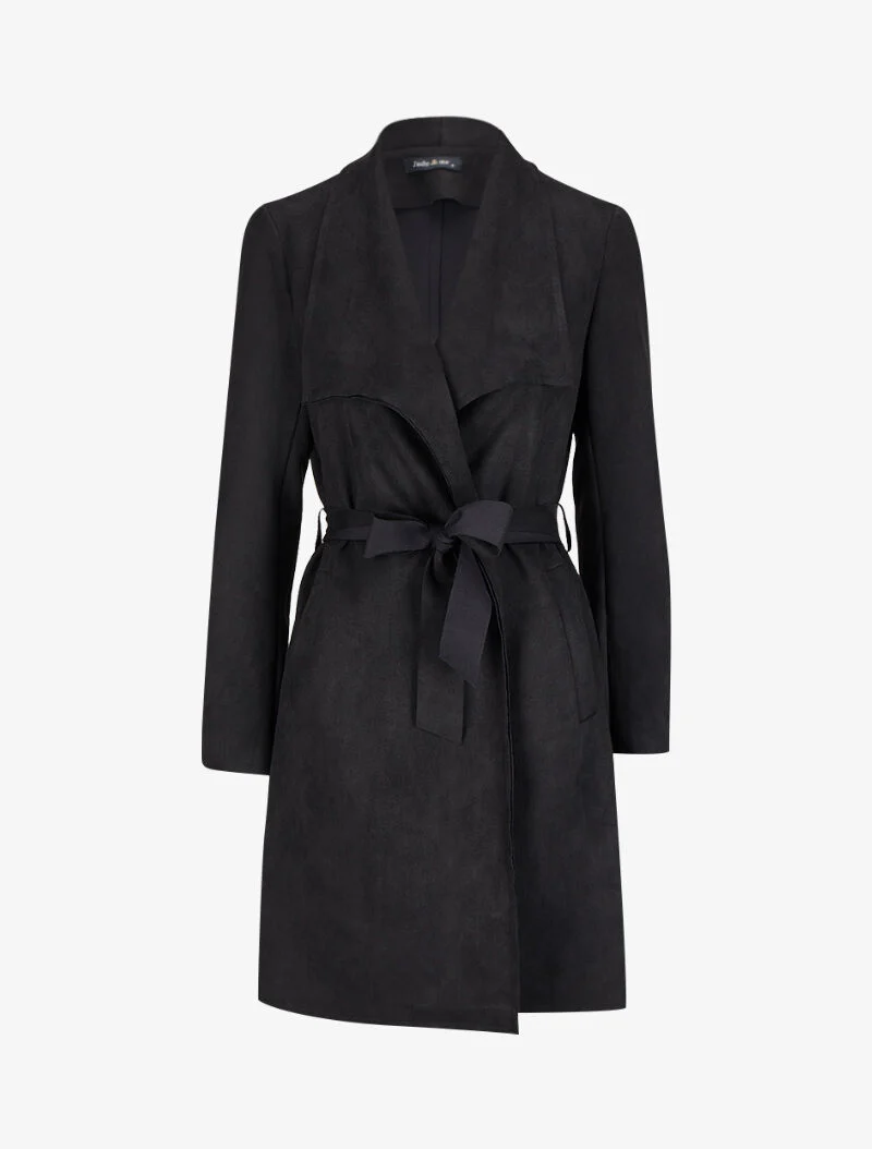 Halflange trenchcoat in suèdine met strikceintuur - Zwart