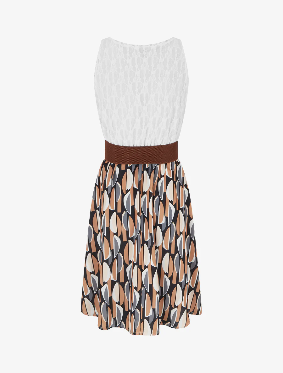 Halfhoge jurk met grafische print en imitatiebandjes - Zwart - Image 2