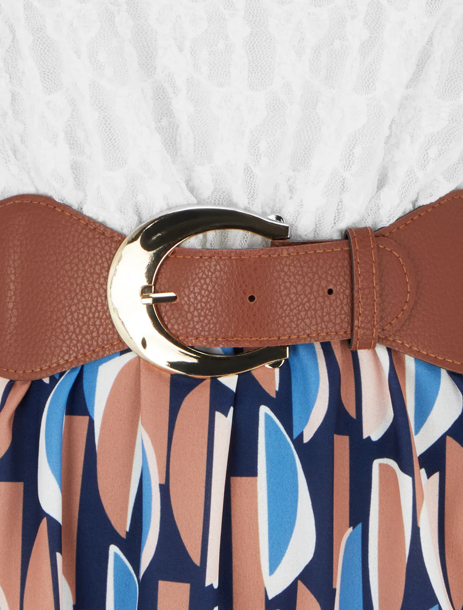 Halfhoge jurk met grafische print en imitatiebandjes - Marine - Image 3